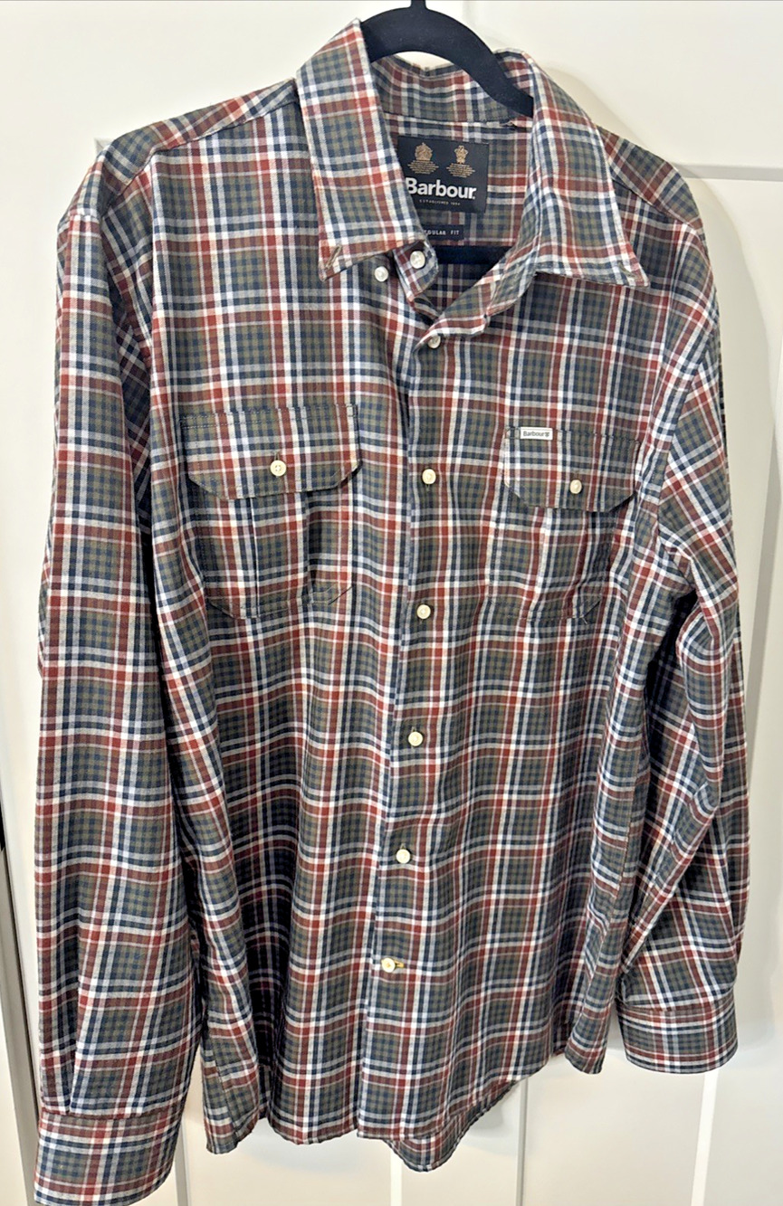 Barbour Shirt Mens XL GREEN/ORANGE Plaid Flannel feel Button Down Long Sleeve